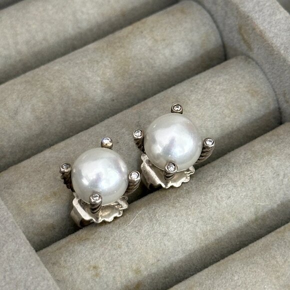 David Yurman Cable Pearl & Diamond Stud Earrings – Sterling Silver - Picture 3 of 11